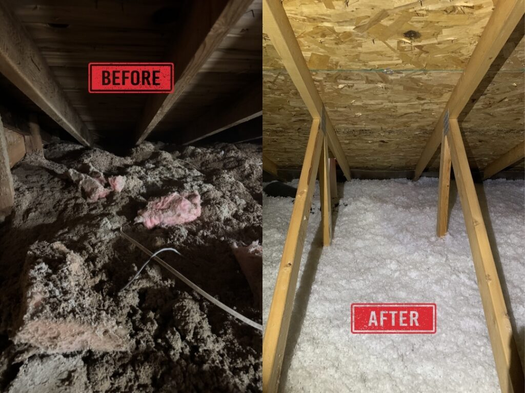 Before and after photos of an attic insulation removal Fargo project.