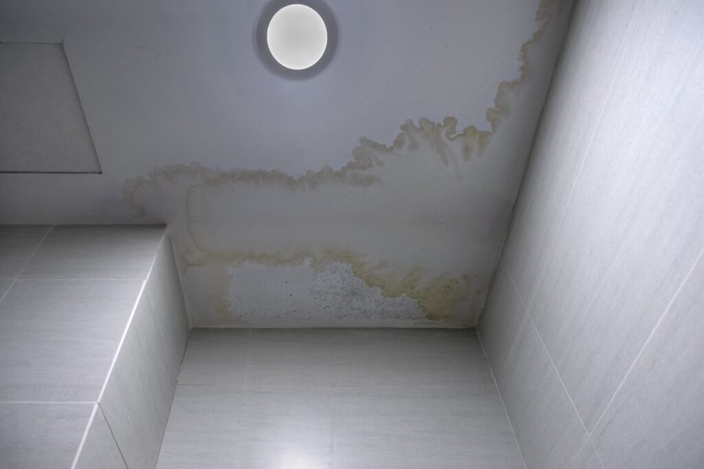 Mold and mildew water marks on a ceiling from poor attic insulation contractors Fargo prep.