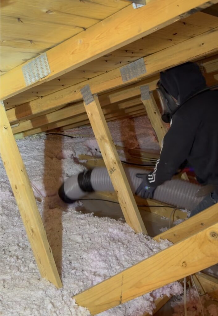 Attic insulation contractors Fargo crawling to install insulation.