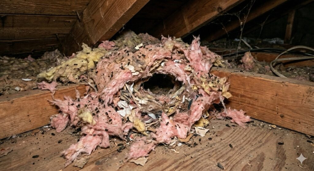 Rodent nest built in dirty fiberglass insulation Fargo requiring cleanup services.