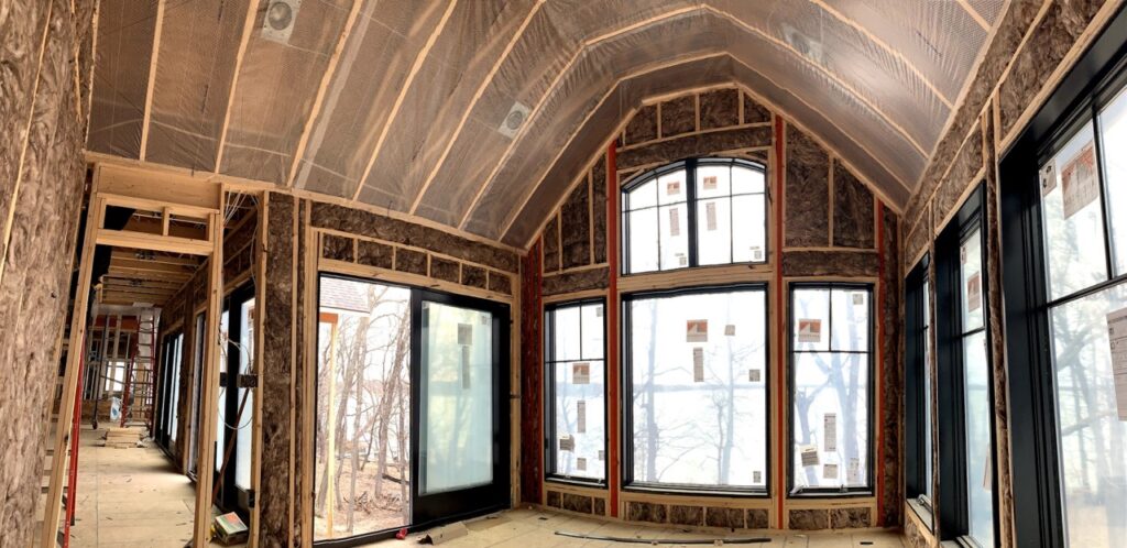 Vaulted ceiling with insulation contractor Fargo prep work.