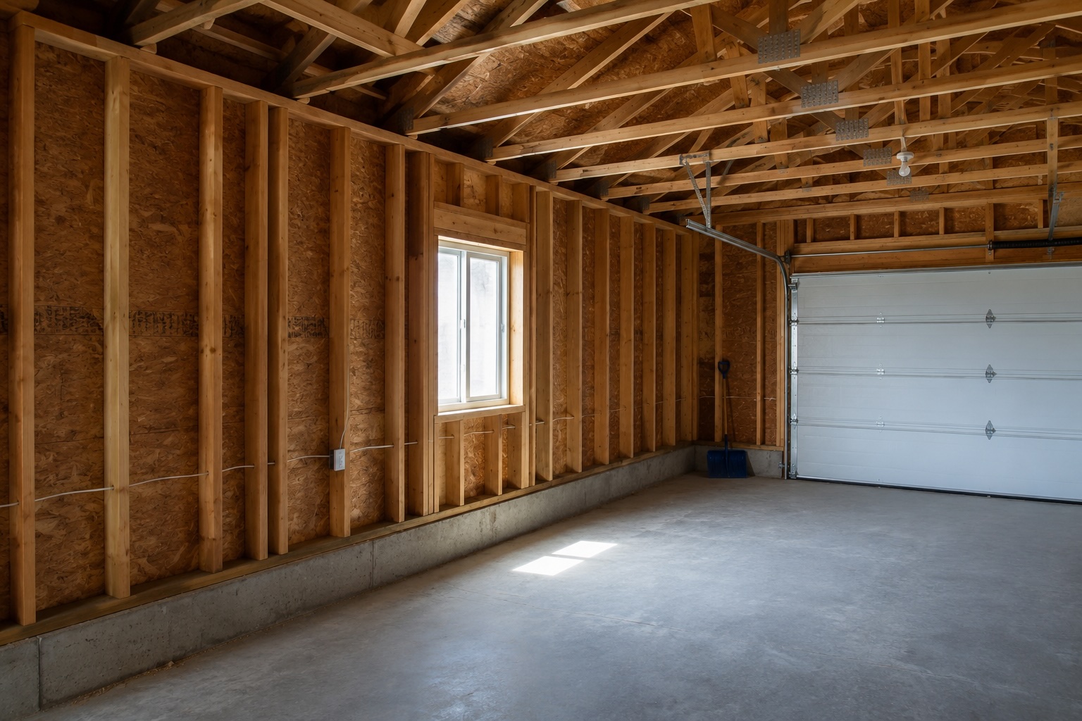 Uninsulated garage with exposed wall studs and roof trusses